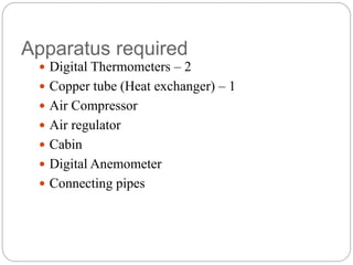 Apparatus required
 Digital Thermometers – 2
 Copper tube (Heat exchanger) – 1
 Air Compressor
 Air regulator
 Cabin
 Digital Anemometer
 Connecting pipes
 