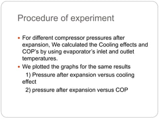 Procedure of experiment
 For different compressor pressures after
expansion, We calculated the Cooling effects and
COP’s by using evaporator’s inlet and outlet
temperatures.
 We plotted the graphs for the same results
1) Pressure after expansion versus cooling
effect
2) pressure after expansion versus COP
 
