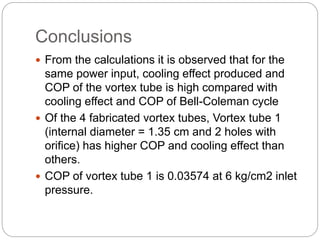Conclusions
 From the calculations it is observed that for the
same power input, cooling effect produced and
COP of the vortex tube is high compared with
cooling effect and COP of Bell-Coleman cycle
 Of the 4 fabricated vortex tubes, Vortex tube 1
(internal diameter = 1.35 cm and 2 holes with
orifice) has higher COP and cooling effect than
others.
 COP of vortex tube 1 is 0.03574 at 6 kg/cm2 inlet
pressure.
 