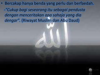 BANGUN PAGIMengusapbekastidurdarimuka : “Rasulullah S.A.W. bangundaritidur, lalubagindadudukserayamengusapbekastidurnyadariwajahnyadengankeduatangannya.” – HR Muslim. Beristintsar ( menghirup air kedalamhidungdanmengeluarkannyakembali )  : “ Apabiladiantara kalian bangundaritidurnya,hendaknyaiaberistintsar 3 kali, keranasyaitanbermalamdironggahidungnya”.       (Muttafaq’alaih) 