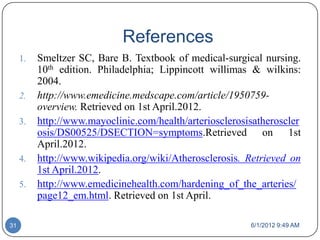 References
     1.   Smeltzer SC, Bare B. Textbook of medical-surgical nursing.
          10th edition. Philadelphia; Lippincott willimas & wilkins:
          2004.
     2.   http://www.emedicine.medscape.com/article/1950759-
          overview. Retrieved on 1st April.2012.
     3.   http://www.mayoclinic.com/health/arteriosclerosisatheroscler
          osis/DS00525/DSECTION=symptoms.Retrieved on 1st
          April.2012.
     4.   http://www.wikipedia.org/wiki/Atherosclerosis. Retrieved on
          1st April.2012.
     5.   http://www.emedicinehealth.com/hardening_of_the_arteries/
          page12_em.html. Retrieved on 1st April.

31                                                        6/1/2012 9:49 AM
 