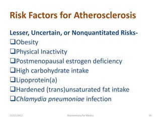 Risk Factors for Atherosclerosis
Lesser, Uncertain, or Nonquantitated Risks-
Obesity
Physical Inactivity
Postmenopausal estrogen deficiency
High carbohydrate intake
Lipoprotein(a)
Hardened (trans)unsaturated fat intake
Chlamydia pneumoniae infection

11/15/2012         Biochemistry for Medics    14
 