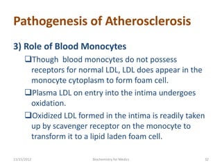 Pathogenesis of Atherosclerosis
3) Role of Blood Monocytes
      Though blood monocytes do not possess
       receptors for normal LDL, LDL does appear in the
       monocyte cytoplasm to form foam cell.
      Plasma LDL on entry into the intima undergoes
       oxidation.
      Oxidized LDL formed in the intima is readily taken
       up by scavenger receptor on the monocyte to
       transform it to a lipid laden foam cell.

11/15/2012               Biochemistry for Medics        32
 