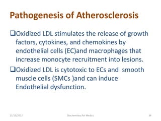 Pathogenesis of Atherosclerosis
Oxidized LDL stimulates the release of growth
 factors, cytokines, and chemokines by
 endothelial cells (EC)and macrophages that
 increase monocyte recruitment into lesions.
Oxidized LDL is cytotoxic to ECs and smooth
 muscle cells (SMCs )and can induce
 Endothelial dysfunction.


11/15/2012         Biochemistry for Medics       34
 