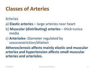 Classes of Arteries
Arteries
a) Elastic arteries – large arteries near heart
b) Muscular (distributing) arteries – thick tunica
   media
c) Arterioles- Diameter regulated by
   vasoconstriction/dilation
Atherosclerosis affects mainly elastic and muscular
arteries and hypertension affects small muscular
arteries and arterioles.

11/15/2012          Biochemistry for Medics       6
 