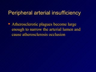 Peripheral arterial insufficiency Atherosclerotic plagues become large enough to narrow the arterial lumen and cause atherosclerosis occlusion  