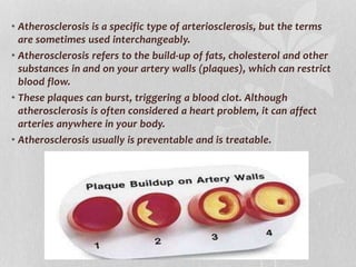 • Atherosclerosis is a specific type of arteriosclerosis, but the terms
are sometimes used interchangeably.
• Atherosclerosis refers to the build-up of fats, cholesterol and other
substances in and on your artery walls (plaques), which can restrict
blood flow.
• These plaques can burst, triggering a blood clot. Although
atherosclerosis is often considered a heart problem, it can affect
arteries anywhere in your body.
• Atherosclerosis usually is preventable and is treatable.
 