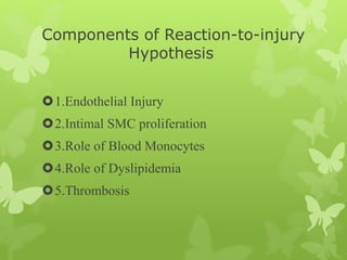 Components of Reaction-to-injury
Hypothesis
1.Endothelial Injury
2.Intimal SMC proliferation
3.Role of Blood Monocytes
4.Role of Dyslipidemia
5.Thrombosis
 