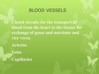 BLOOD VESSELS
Closed circuits for the transport of
blood from the heart to the tissues for
exchange of gases and nutrients and
vice versa.
Arteries
Veins
Capillaries
 