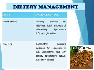 DIETERY MANAGEMENT
AGENT EVIDENCE FOR USE
BERBERINE Possibly effective for
reducing total cholesterol,
low-density lipoproteins
(LDLs), triglycerides
GARLIC inconsistent scientific
evidence for reductions in
total cholesterol and low-
density lipoproteins (LDLs)
over short periods
 
