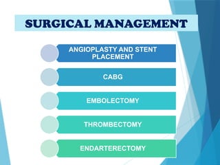 SURGICAL MANAGEMENT
ANGIOPLASTY AND STENT
PLACEMENT
CABG
EMBOLECTOMY
THROMBECTOMY
ENDARTERECTOMY
 