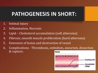 PATHOGENESIS IN SHORT:
1. Intimal injury
2. Inflammation, Necrosis
3. Lipid – Cholesterol accumulation (soft atheroma)
4. Fibrosis, smooth muscle proliferation (hard atheroma)
5. Extension of lesion and destruction of vessel
6. Complications - Thrombosis, embolism, aneurism, dissection
& rupture.
 