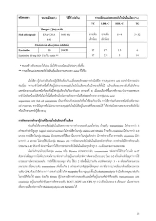 20
การเปลี่ยนแปลงของระดับไขมันในเลือด (%)ชนิดของยา ขนาดเม็ด(มก.) วิธีใช (ตอวัน)
TC LDL-C HDL-C TG
Omega- 3 fatty acids
Fish oil capsule EPA+DHA
840
1680 bid อาจเพิ่ม
เล็กนอย
อาจเพิ่ม
เล็กนอย
0 - 9 3 - 52
Cholesterol absorption inhibitor
Ezetimibe 10 10 OD
Ezetimibe 10 mg OD รวมกับ statin **
12
17
17
25
1.3
3
6
14
* พบผลขางเคียงของยาไดบอย เริ่มใหจํานวนนอยแลวคอยๆ เพิ่มขึ้น
** การเปลี่ยนแปลงของระดับไขมันเพิ่มเติมจากผลของยา statin ที่ไดรับ
เมื่อใชยา ผูปวยจําเปนตองปฏิบัติตัวเพื่อปรับเปลี่ยนพฤติกรรมการดําเนินชีวิต ควบคุมอาหาร และ ออกกําลังกายอยาง
ตอเนื่อง หากยาตัวใดตัวหนึ่งที่ใหอยูไมสามารถลดระดับไขมันในเลือดลงถึงเปาหมายที่ตั้งไว แมจะเพิ่มขนาดยาเต็มที่แลวก็ตาม
แพทยสามารถเสริมยาชนิดที่สองซึ่งมิใชกลุมเดียวกันกับยาตัวแรก (ตารางที่ 4) เมื่อผลเลือดดีขึ้นควรพิจารณาวาอาจจะลดขนาด
ยาตัวใดตัวหนึ่งลงไดหรือไม ทั้งนี้เพื่อหลีกเลี่ยงโอกาสเกิดอาการไมพึงประสงคจากยา ยากลุม bile acid
sequestrant และ fish oil concentrate เปนยาที่คอนขางปลอดภัยที่จะใชรวมกับยาอื่น การใชยารวมกันหลายชนิดตองพิจารณา
อยางรอบคอบ หากมีปญหาหรือไมสามารถควบคุมระดับไขมันใหอยูในเกณฑที่เหมาะสมได ใหสงตอยังสถานพยาบาลระดับถัดไป
หรือปรึกษาแพทยผูเชี่ยวชาญ
การติดตามการรักษาผูปวยที่มีภาวะไขมันผิดปกติในเลือด
กอนที่จะใหยาลดระดับไขมันในเลือดควรตรวจการทํางานของตับและไตกอน ถาระดับ transaminase มีคามากกวา 3
เทาของคาปกติสูงสุด (upper limit of normal) ไมควรใชยาในกลุม statins และ fibrates ถาระดับ creatinine มีคามากกวา 2.0
มก/ดล การใชยาในกลุม fibrates ตองลดขนาดที่ใชลง เนื่องจากยาในกลุมดังกลาว มีการทําลายที่ไต หากระดับ creatinine มีคา
มากกวา 4 มก/ดล ไมควรใชยาในกลุม fibrates เลย การติดตามระดับไขมันในเลือดหลังการรักษา ควรทําหลังใหการรักษาแลว
ประมาณ 6-12 สัปดาห ตอจากนั้นควรไดรับการตรวจระดับไขมันในเลือดทุกตัวทุก 3 - 6 เดือนตามความเหมาะสม
เมื่อเริ่มรักษาดวยยาในกลุม statins หรือ fibrates ควรตรวจระดับ transaminase หลังจากที่ไดรับยาไปแลว 6-12
สัปดาห เพื่อดูอาการไมพึงประสงคจากยาดังกลาว ถาอยูในเกณฑปกติควรติดตามเปนระยะๆ ปละ 1-2 ครั้งแมจะมีขอมูลวาการใช
ยาระยะยาวมีความปลอดภัย กรณีที่ใชยาขนาดสูง หรือ ใชยา 2 ชนิดขึ้นไปรวมกัน ควรติดตามทุก 3 - 6 เดือนหรือตามความ
เหมาะสม เมื่อพบระดับ transaminase เพิ่มขึ้นเกิน 3 เทาของคาปกติสูงสุดใหหยุดยา หากมีอาการปวดเมื่อยกลามเนื้อควรตรวจ
ระดับ CPK ดวย ถามีคามากกวา 10 เทา บงชี้วาเกิด myopathy ซึ่งอาจรุนแรงขึ้นเปน rhabdomyolysis จําเปนตองหยุดยาเชนกัน
ในกรณีที่ตองใช statin รวมกับ fibrate ผูปวยควรมีการทํางานของตับและไตที่อยูในเกณฑปกติคือระดับ transaminases และ
creatinine อยูในเกณฑปกติและควรติดตามระดับ SGOT, SGPT และ CPK ทุก 1-2 เดือนในระยะ 6 เดือนแรก เนื่องจากอาจ
เพิ่มความเสี่ยงตอการเกิด rhabdomyolysis และ hepatitis ได
 