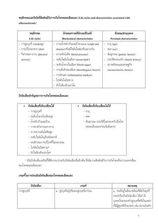 5
พฤติกรรมและปจจัยที่สัมพันธกับการเกิดโรคหลอดเลือดแดง (Life styles and characteristics associated with
atherosclerosis)
พฤติกรรม
Life styles
ลักษณะทางคลินิกและชีวเคมี
Biochemical characteristics
ลักษณะสวนบุคคล
Personal characteristics
- การสูบบุหรี่ (smoking)
- การบริโภคอาหาร (diet)
- กิจกรรมทางกาย (physical
activity)
- ภาวะน้ําหนักเกินและอวน (over weight and
obesity) หรือมีไขมันในชองทองมากเกิน
- ความดันโลหิต (blood pressure)
- ระดับไขมันในเลือด (serum lipid )
- ระดับน้ําตาลในเลือด (blood sugar)
- การแข็งตัวของเลือด (thrombogenic factors)
- การอักเสบ (inflammation markers)
- โปรตีนในปสสาวะ
- หัวใจหองซายลางโต
- อายุ (age)
- เพศ (sex)
- พันธุกรรม (genetic factors)
- ประวัติครอบครัว (family history)
- สภาพสังคมและเศรษฐกิจ
(socioeconomic factors)
ปจจัยเสี่ยงสําคัญตอการการเกิดโรคหลอดเลือดแดง
• ปจจัยเสี่ยงที่ปรับเปลี่ยนได
- การสูบบุหรี่
- ระดับน้ําตาลในเลือดสูง
- น้ําหนักเกินและอวน
- การขาดกิจกรรมทางกาย
- ภาวะความดันโลหิตสูง
- ระดับไขมันในเลือดผิดปกติ
- พฤติกรรมการบริโภคที่ไมเหมาะสม
- โปรตีนในปสสาวะ*
- หัวใจหองซายลางโต*
• ปจจัยเสี่ยงที่ปรับเปลี่ยนไมได
- อายุ
- เพศ
- พันธุกรรม (ประวัติในครอบครัวเปนโรค
หลอดเลือดแดงกอนวัยอันควร)
* เปนปจจัยเสี่ยงเสริมที่ใชพิจารณารวมกับปจจัยเสี่ยงอื่นขางตน ซึ่งมีความสัมพันธกับการเกิดโรคหรือภาวะแทรกซอน
ของโรคหลอดเลือดแดง
เกณฑในการประเมินปจจัยเสี่ยงของโรคหลอดเลือดแดง
ปจจัยเสี่ยง เกณฑ หมายเหตุ
การสูบบุหรี่ • สูบบุหรี่อยูหรือเคยสูบบุหรี่มากอน • คนที่อยูในสิ่งแวดลอมที่มีควันบุหรี่
ประจําถือเปนปจจัยเสี่ยง ไดแก มี
บุคคลในครอบครัวสูบบุหรี่หรือในแหลง
ที่มีผูสูบหรี่เปนประจํา เชน สถานบันเทิง
 