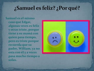 Samuel es el mismo
caso que Edgar,
algunas veces es feliz
y otras triste, porque
tiene a su mamá con
quien pasa tiempo,
pero es triste porque
recuerda que su
padre, William, ya no
esta con él y a veces
pasa mucho tiempo a
solas.

 
