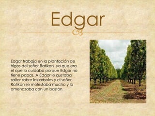 Edgar


Edgar trabaja en la plantación de
higos del señor Ratikan ya que era
el que lo cuidaba porque Edgar no
tiene papas. A Edgar le gustaba
saltar sobre los arboles y el señor
Ratikan se molestaba mucho y lo
amenazaba con un bastón.

 