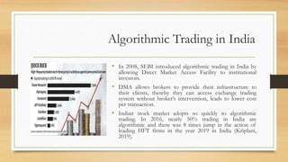 Algorithmic Trading in India
• In 2008, SEBI introduced algorithmic trading in India by
allowing Direct Market Access Facility to institutional
investors.
• DMA allows brokers to provide their infrastructure to
their clients, thereby they can access exchange trading
system without broker’s intervention, leads to lower cost
per transaction.
• Indian stock market adopts so quickly to algorithmic
trading. In 2016, nearly 50% trading in India are
algorithmic and there was 8 times jump in the action of
leading HFT firms in the year 2019 in India (Kriplani,
2019).
 