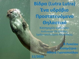 Βίδρα (Lutra Lutra)
Ένα υδρόβιο
Προστατευόμενο
Θηλαστικό
Κατηγορία κινδύνου:
Kινδυνεύον ΕΝ (Ελλάδα),
Σχεδόν απειλούμενο ΝΤ(Διεθνώς),
Β Λυκείου
Εισηγήτρια :
Αθηνά Γιαννοπούλου
11/2020
 