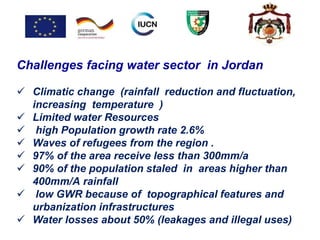 Challenges facing water sector in Jordan
 Climatic change (rainfall reduction and fluctuation,
increasing temperature )
 Limited water Resources
 high Population growth rate 2.6%
 Waves of refugees from the region .
 97% of the area receive less than 300mm/a
 90% of the population staled in areas higher than
400mm/A rainfall
 low GWR because of topographical features and
urbanization infrastructures
 Water losses about 50% (leakages and illegal uses)
 
