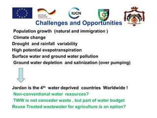Challenges and Opportunities
Population growth (natural and immigration )
Climate change
Drought and rainfall variability
High potential evapotranspiration
Surface water and ground water pollution
Ground water depletion and salinization (over pumping)
Jordan is the 4th water deprived countries Worldwide !
Non-conventional water resources?
TWW is not conceder waste , but part of water budget
Reuse Treated wastewater for agriculture is an option?
 