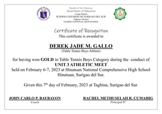 Republic of the Philippines
Department of Education
Caraga Region
SCHOOLS DIVISION OF SURIGAO DEL SUR
Tagbina I District
TAGBINA NATIONAL HIGH SCHOOL
Certificate of Recognition
This certificate is awarded to
DEREK JADE M. GALLO
(Table Tennis Boys Athlete)
for having won GOLD in Table Tennis Boys Category during the conduct of
UNIT 3 ATHLETIC MEET
held on February 6-7, 2023 at Hinatuan National Comprehensive High School
Hinatuan, Surigao del Sur.
Given this 7th
day of February, 2023 at Tagbina, Surigao del Sur.
JOHN CARLO P. BAYBAYON
Coach
RACHEL METHUSELAH R. CUMAHIG
Principal IV
 