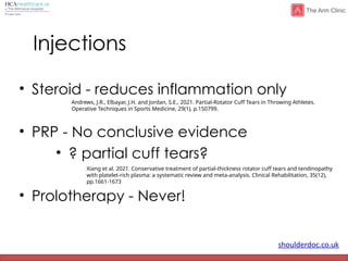 shoulderdoc.co.uk
Injections
• Steroid - reduces inflammation only
• PRP - No conclusive evidence
• ? partial cuff tears?
• Prolotherapy - Never!
Xiang et al. 2021. Conservative treatment of partial-thickness rotator cuff tears and tendinopathy
with platelet-rich plasma: a systematic review and meta-analysis. Clinical Rehabilitation, 35(12),
pp.1661-1673
Andrews, J.R., Elbayar, J.H. and Jordan, S.E., 2021. Partial-Rotator Cuff Tears in Throwing Athletes.
Operative Techniques in Sports Medicine, 29(1), p.150799.
 