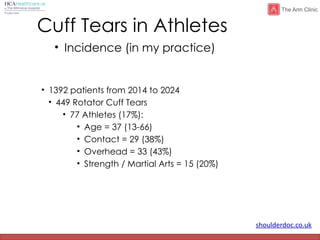 shoulderdoc.co.uk
Cuff Tears in Athletes
• Incidence (in my practice)
• 1392 patients from 2014 to 2024
• 449 Rotator Cuff Tears
• 77 Athletes (17%):
• Age = 37 (13-66)
• Contact = 29 (38%)
• Overhead = 33 (43%)
• Strength / Martial Arts = 15 (20%)
 
