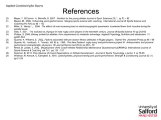 Applied Conditioning for Sports
References
20. Meyer, F. O’Connor, H. Shirreffs, S. 2007. Nutrition for the young athlete Journal of Sport Sciences 25 (1) pp 73 – 82
21. Meyers M. 2006. Enhancing sports performance: Merging sports science with coaching. International Journal of Sports Science and
Coaching Vol 1(1) pp 89 – 100
22. Miller, S. Hendy, L. 2000. The effects of ever increasing load on electromyographic parameters in selected lower limb muscles during the
parallel squat.
23. Olds, T. 2001. The evolution of physique in male rugby union players in the twentieth century. Journal of Sports Science 19 pp 253-62
24. Phillips, S. 2006. Dietary protein for athletes: from requirements to metabolic advantage. Applied Physiology, Nutrition and Metabolism 31
pp647-654
25. Quarrie, K. Williams, S. 2002. Factors associated with pre season fitness attributes in Rugby players. Sydney the University Press pp 89 – 98
26. Quarrie, KL. Handcock, P. Toomey, MJ. Et al. 1995. The New Zealand rugby injury and performance project:III. Antropometric and physical
performance characteristics of players. Br Journal Sports med 29 (4) pp 263 – 70
27. Rhind, D. Jowett, S. 2012. Development of the Coach-Athlete Relationship Maintenance Questionnaire (CARM-Q). International Journal of
Sports Science & Coaching Vol 7 (1) pp 121 - 137
28. Solomon, B. 2010. The Influence of Coach Expectations on Athlete Development. Journal of Sports Pyschology in Action 1 pp 76-85
29. Wildman, R. Kersick, C. Campbell, B. 2010. Carbohydrates, physical training and sports performance. Strength & Conditioning Journal 32 (1)
pp 21-29
 