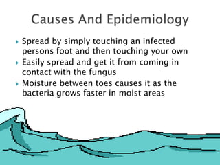    Spread by simply touching an infected
    persons foot and then touching your own
   Easily spread and get it from coming in
    contact with the fungus
   Moisture between toes causes it as the
    bacteria grows faster in moist areas
 