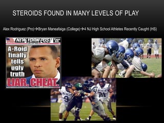 STEROIDS FOUND IN MANY LEVELS OF PLAY
Alex Rodriguez (Pro)Bryan Maneafaiga (College)4 NJ High School Athletes Recently Caught (HS)
 