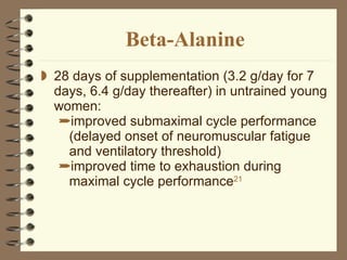 Beta-Alanine 28 days of supplementation (3.2 g/day for 7 days, 6.4 g/day thereafter) in untrained young women:  improved submaximal cycle performance (delayed onset of neuromuscular fatigue and ventilatory threshold) improved time to exhaustion during maximal cycle performance 21 