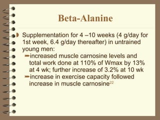 Beta-Alanine Supplementation for 4 –10 weeks (4 g/day for 1st week, 6.4 g/day thereafter) in untrained young men:  increased muscle carnosine levels and total work done at 110% of Wmax by 13% at 4 wk; further increase of 3.2% at 10 wk increase in exercise capacity followed increase in muscle carnosine 22 