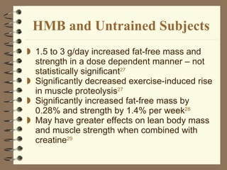 HMB and Untrained Subjects 1.5 to 3 g/day increased fat-free mass and strength in a dose dependent manner – not statistically significant 27 Significantly decreased exercise-induced rise in muscle proteolysis 27 Significantly increased fat-free mass by 0.28% and strength by 1.4% per week 28   May have greater effects on lean body mass and muscle strength when combined with creatine 29 