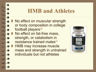 HMB and Athletes No effect on muscular strength or body composition in college football players 30 No effect on fat-free mass, strength, or catabolism in resistance trained males 31 HMB may increase muscle  mass and strength in untrained individuals but not athletes  