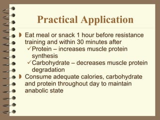 Practical Application Eat meal or snack 1 hour before resistance training and within 30 minutes after Protein – increases muscle protein synthesis Carbohydrate – decreases muscle protein degradation Consume adequate calories, carbohydrate and protein throughout day to maintain anabolic state 