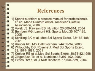 References 1) Sports nutrition: a practice manual for professionals. 4 th  ed. Marie Dunford editor. American Dietetic Association, 2006  2) Volek JS, Rawson ES. Nutrition  20:609-614, 2004   3) Bemben MG, Lamont HS. Sports Med.35:107-125, 2005  4) Schilling BK et al. Med Sci Sports Exerc. 33:183-188, 2001  5) Kreider RB. Mol Cell Biochem. 244:89-94, 2003  6) Willoughby DS, Rosene J. Med Sci Sports Exerc. 33:1674-1681, 2001   7) Kreider RB et al.Med Sci Sports Exerc. 30:73-82,1998 8) Ziegenfuss TN et al. Nutrition.18:397-402, 2002  9) Evans RW et al. J Nutr Biochem. 15:534-539, 2004 