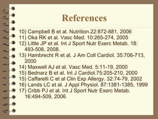 References 10) Campbell B et al. Nutrition.22:872-881, 2006 11) Oka RK et al. Vasc Med. 10:265-274, 2005  12)  Little JP et al.  Int J Sport Nutr Exerc Metab. 18: 493-508, 2008.  13) Hambrecht R et al. J Am Coll Cardiol. 35:706-713, 2000 14) Maxwell AJ et al. Vasc Med. 5:11-19, 2000  15) Bednarz B et al. Int J Cardiol.75:205-210, 2000 15) Caffarelli C et al Clin Exp Allergy. 32:74-79, 2002   16) Lands LC et al. J Appl Physiol. 87:1381-1385, 1999  17) Cribb PJ et al. Int J Sport Nutr Exerc Metab. 16:494-509, 2006 