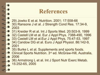 References 29) Jowko E et al.  Nutrition. 2001; 17:558-66 30) Ransone J et al. J Strength Cond Res. 17:34-9, 2003  31) Kreider R et al. Int J Sports Med. 20:503-9, 1999 32) Castell LM et al. Eur J Appl Phys. 7388-490, 1996 33) Castell LM et al.Eur J Appl Phys ,  75:47-53, 1997  34) Candow DG et al. Euro J Appl Physiol. 86:142-9, 2001  35) Burke L et al. Supplements and sports foods. Clinical Sports Nutrition. 3 rd  ed. McGraw-Hill, Australia, 2006 36) Armstrong L et al. Int J Sport Nutr Exerc Metab. 15:252-65, 2005  