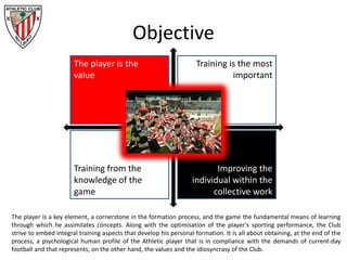 Objective
The player is the
value
Training is the most
important
Training from the
knowledge of the
game
Improving the
individual within the
collective work
The player is a key element, a cornerstone in the formation process, and the game the fundamental means of learning
through which he assimilates concepts. Along with the optimisation of the player's sporting performance, the Club
strive to embed integral training aspects that develop his personal formation. It is all about obtaining, at the end of the
process, a psychological human profile of the Athletic player that is in compliance with the demands of current-day
football and that represents, on the other hand, the values and the idiosyncrasy of the Club.
 
