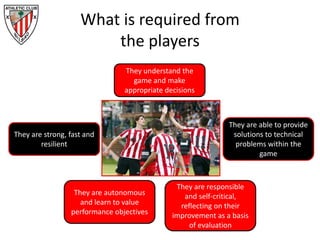 What is required from
the players
They understand the
game and make
appropriate decisions
They are strong, fast and
resilient
They are able to provide
solutions to technical
problems within the
game
They are autonomous
and learn to value
performance objectives
They are responsible
and self-critical,
reflecting on their
improvement as a basis
of evaluation
 