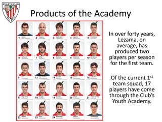 Products of the Academy
In over forty years,
Lezama, on
average, has
produced two
players per season
for the first team.
Of the current 1st
team squad, 17
players have come
through the Club’s
Youth Academy.
 