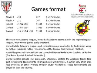 Games format
Alevin B U10 7v7 3 x 17 minutes
Alevin A U11 7v7 3 x 20 minutes
Infantil U12 & U13 11v11 2 x 35 minutes
Cadete U14 & U15 11v11 2 x 40 minutes
Juvenil U16, U17 & U18 11v11 2 x 45 minutes
There are no Academy leagues, instead all Academy teams play in the regional regular
leagues, with weekly games every weekend.
Up to Cadete Category, leagues and competitions are controlled by Federación Vasca
de Fútbol: Euskadiko Futbol Federakundea (The Basque Federation of Football).
Juvenil leagues and competitions are controlled by Real Federación Española de Fútbol
(The Royal Spanish Football Federation).
During specific periods (e.g. preseason, Christmas, Easter), the Academy teams take
part in weekend tournaments (short games of 20 minutes), in which very often they
face overseas or other Primera División clubs’ Academies. These tournaments are
played all over the country.
 