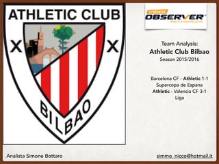 Team Analysis:
Athletic Club Bilbao  
Season 2015/2016
 
Barcelona CF - Athletic 1-1 
Supercopa de Espana 
Athletic - Valencia CF 3-1 
Liga
Analista Simone Bottaro simmo_nicco@hotmail.it
 