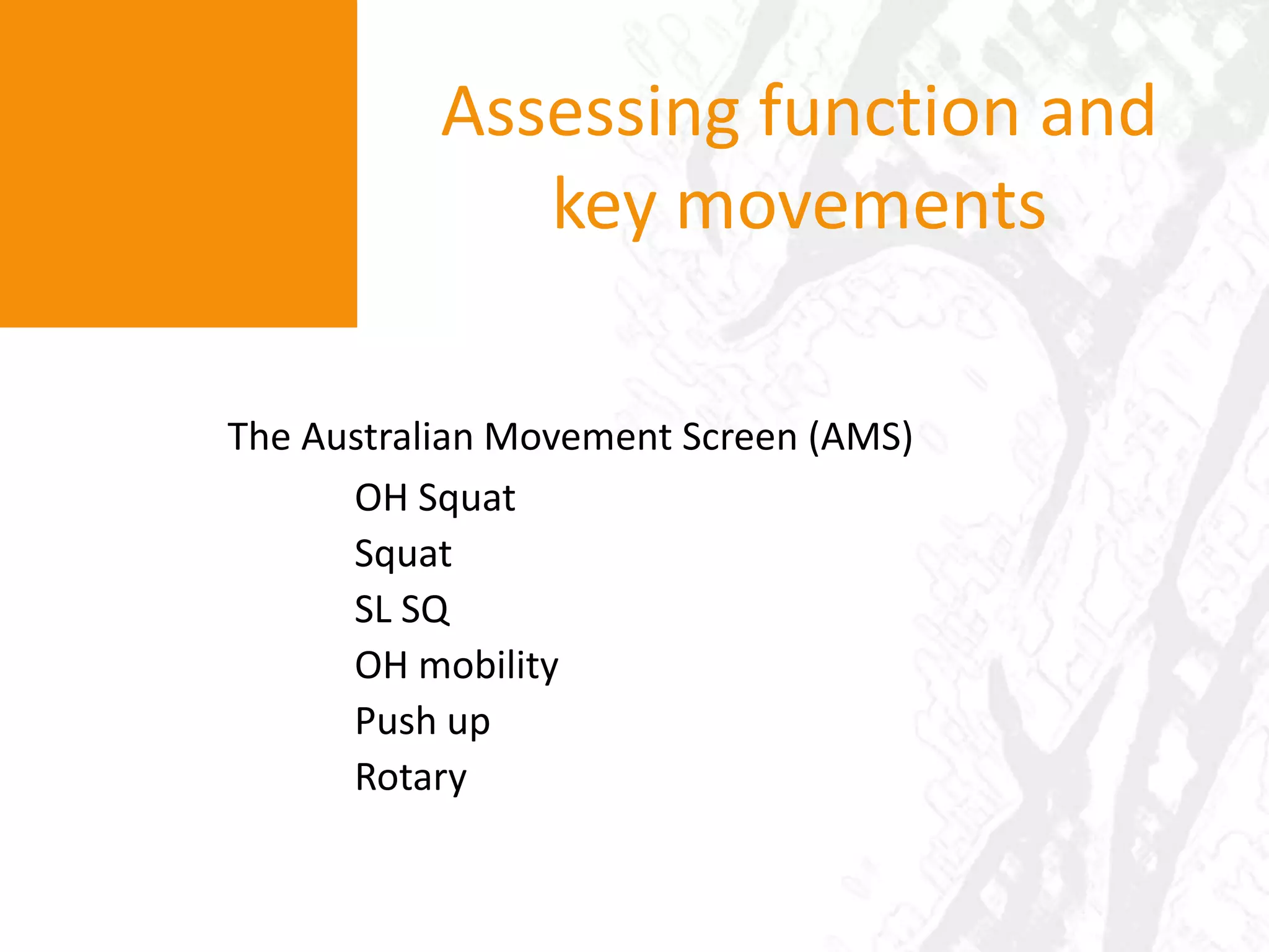 How to determine focus of training?Assessment tools – typically performance measures (vertical jump, 40m dash, Illinois agility, etc)BUT how will you improve performance at these?? What is limiting performance??