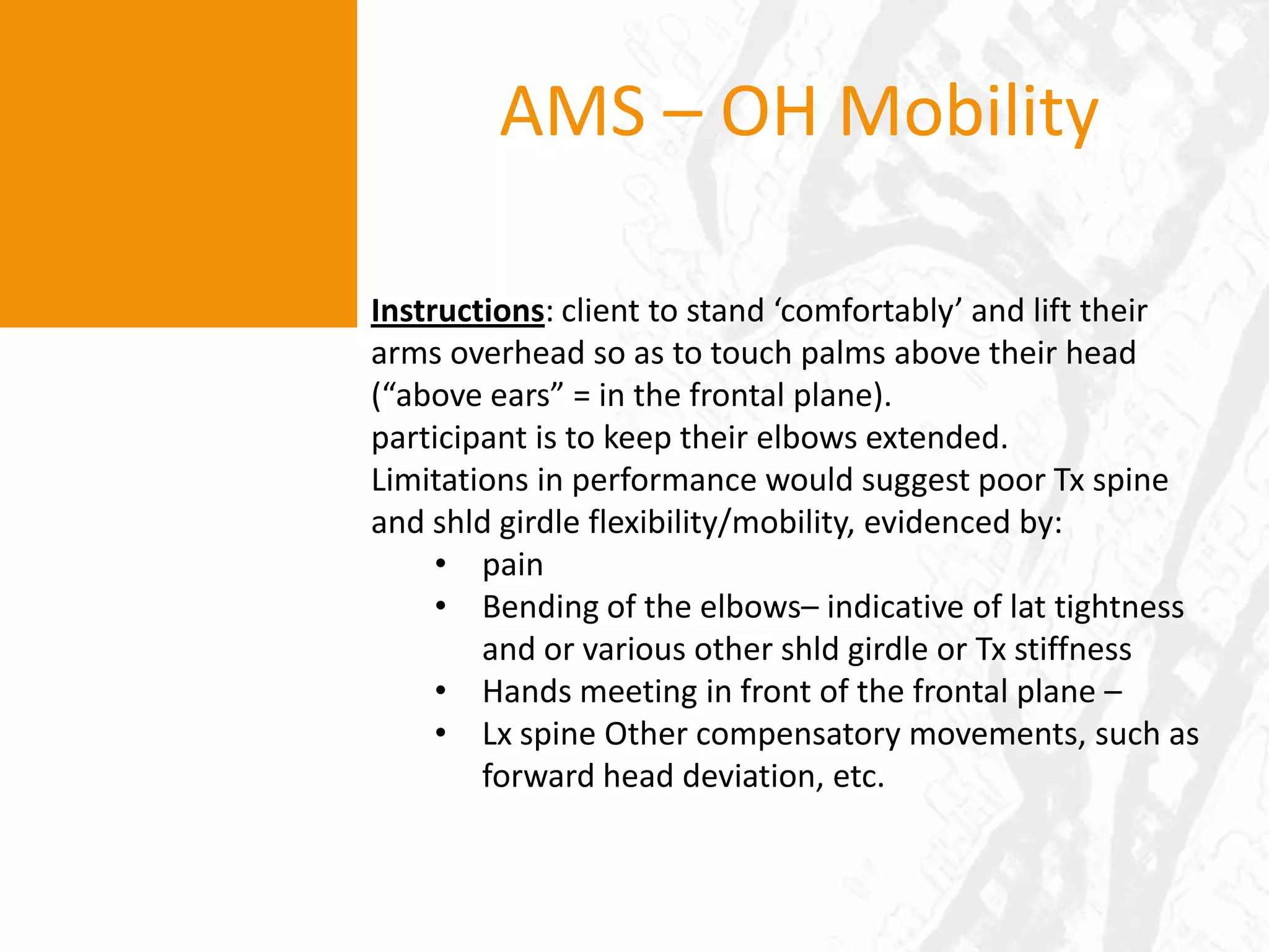 Assessing function and key movementsThe Australian Movement Screen (AMS)OH SquatSquatSL SQOH mobilityPush upRotary