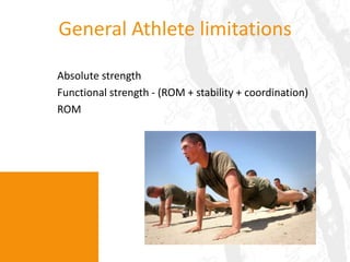 Matching movements to exercisesBending + rotation (DLs > SL DL > SL DL with pelvic rot > ++)Acceleration/deceleration (Squat > SL Sq > weighted SLDLs > hops ++)Lateral movement (SL SQ > Speedskaters > +resistance)Rotation (cable rot resistance > pro-rotation)Integrated push/pulls – with lower body involvement and with rotationJumping – (resisted acceleration – power/explosive squats) OH – Explosive (push press variations) and Control (OH holds = OH squats/split,  rainbow squats, squat extensions ++)Reaction (various perturbation progressions)