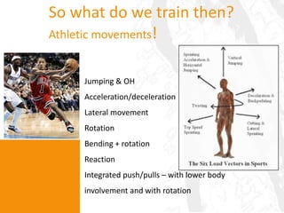So what do we train then?Athletic movements!Jumping & OHAcceleration/decelerationLateral movementRotationBending + rotationReactionIntegrated push/pulls – with lower body involvement and with rotation