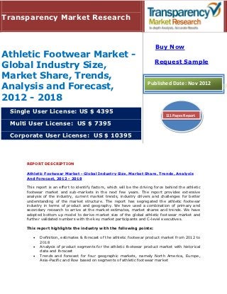 Transparency Market Research


                                                                            Buy Now
Athletic Footwear Market -
                                                                            Request Sample
Global Industry Size,
Market Share, Trends,
                                                                        Published Date: Nov 2012
Analysis and Forecast,
2012 - 2018
 Single User License: US $ 4395
                                                                                  111 Pages Report

 Multi User License: US $ 7395

 Corporate User License: US $ 10395



     REPORT DESCRIPTION

     Athletic Footwear Market - Global Industry Size, Market Share, Trends, Analysis
     And Forecast, 2012 - 2018

     This report is an effort to identify factors, which will be the driving force behind the athletic
     footwear market and sub-markets in the next few years. The report provides extensive
     analysis of the industry, current market trends, industry drivers and challenges for better
     understanding of the market structure. The report has segregated the athletic footwear
     industry in terms of product and geography. We have used a combination of primary and
     secondary research to arrive at the market estimates, market shares and trends. We have
     adopted bottom up model to derive market size of the global athletic footwear market and
     further validated numbers with the key market participants and C-level executives.

     This report highlights the industry with the following points:

           Definition, estimates & forecast of the athletic footwear product market from 2012 to
            2018
           Analysis of product segments for the athletic footwear product market with historical
            data and forecast
           Trends and forecast for four geographic markets, namely North America, Europe,
            Asia-Pacific and Row based on segments of athletic footwear market
 