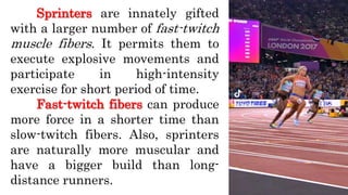Sprinters are innately gifted
with a larger number of fast-twitch
muscle fibers. It permits them to
execute explosive movements and
participate in high-intensity
exercise for short period of time.
Fast-twitch fibers can produce
more force in a shorter time than
slow-twitch fibers. Also, sprinters
are naturally more muscular and
have a bigger build than long-
distance runners.
 
