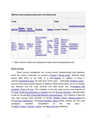 Official world championship track and field events


Track                                              Field

                                                                     Combined events
          Middle- Long-
Sprints                     Hurdles        Relays Jumps Throws
          distance distance


                            60 m hurdles
                                                   Long
                            100 m                           Shot put
                                           4×100   jump
                            hurdles                         Discus
60 m                                       m       Triple
          800 m    5000 m   110 m                           throw    Pentathlon
100 m                                      relay   jump
          1500 m   10,000   hurdles                         Hammer Heptathlon
200 m                                      4×400   High
          3000 m   m        400 m                           throw    Decathlon
400 m                                      m       jump
                            hurdles                         Javelin
                                           relay   Pole
                            3000 m                          throw
                                                   vault
                            steeplechase


   Note: Events in italics are competed at indoor world championships only


Road running
        Road running competitions are running events (predominantly long distance)
which are mainly conducted on courses of paved or tarmac roads, although major
events often finish on the track of a main stadium. In addition to being a
common recreational sport, the elite level of the sport – particularly marathon races –
are one of the more popular aspects of athletics. Road racing events can be of virtually
any distance, but the most common and well known are themarathon, half
marathon, 10 km and 5 km. The marathon is the only road running event featured at
the IAAF World Championships in Athletics and the Summer Olympics, although there
is also an annual IAAF World Half Marathon Championships. The marathon is also the
only road running event featured at the IPC Athletics World Championships and
the Summer Paralympics. The World Marathon Majors series includes the five most
prestigious      marathon       competitions    at      the    elite   level     –
the Berlin, Boston, Chicago, London, and New York City marathons.




                                           7
 